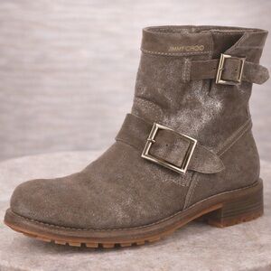 JIMMY CHOO Taupe Suede Buckle Ankle Bootie with Metallic Accents